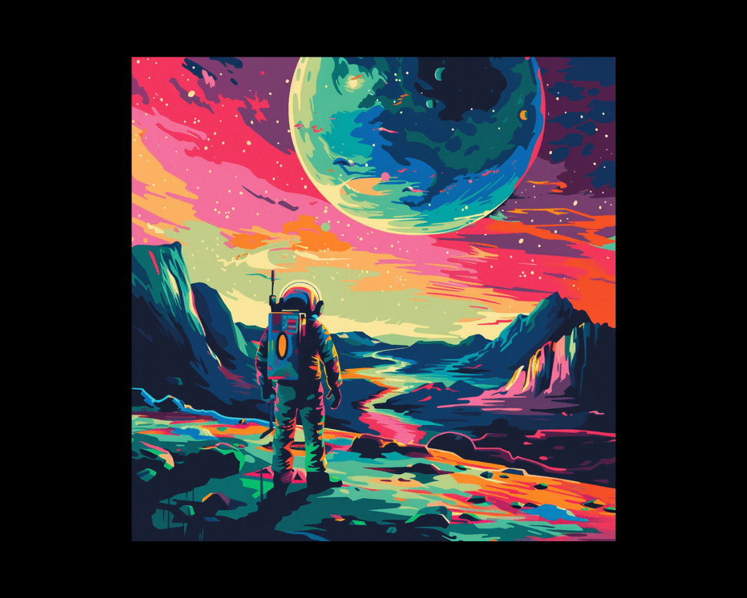 A colorful picture of an astronaut discovering a new planet in WPAP style.