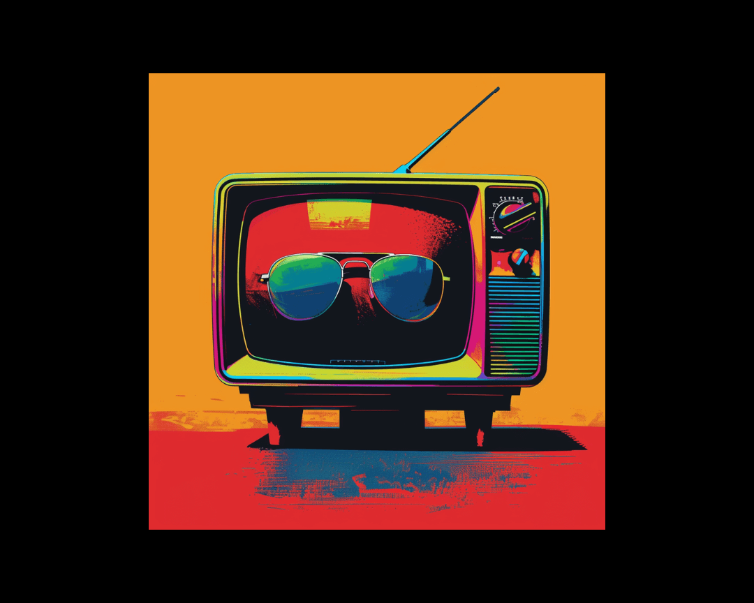 A sunglasses commercial on a 1970s television in WPAP style.