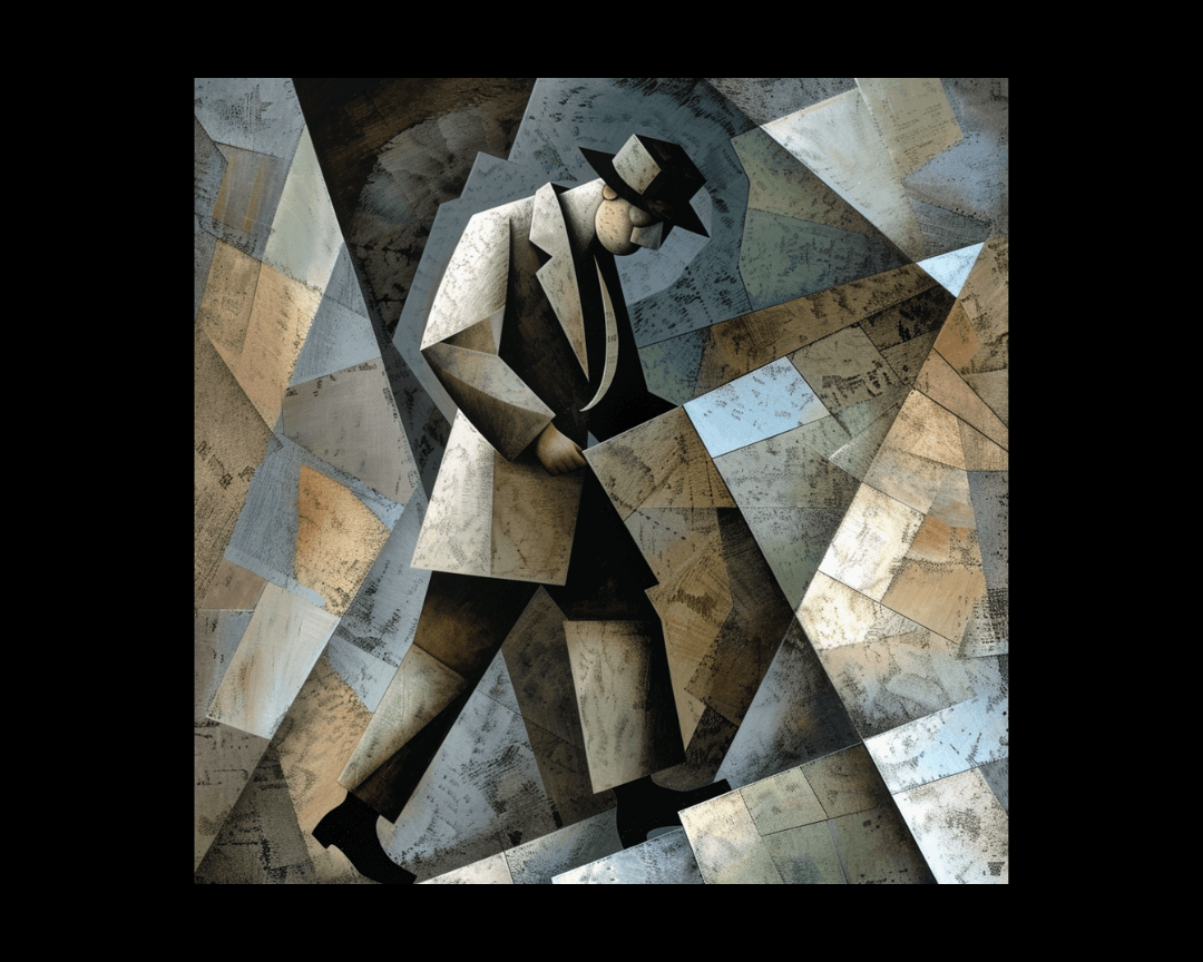 Cubism-style image of detective looking for something.
