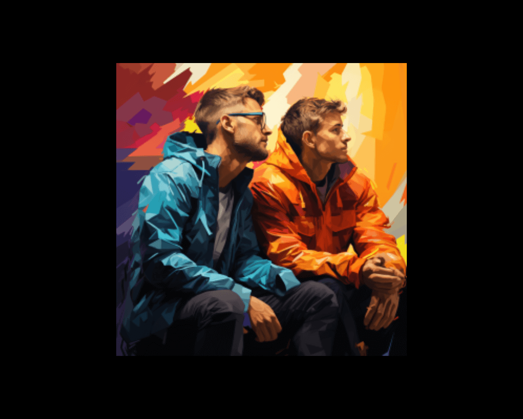 In WPAP style: two young men sitting beside one another, listening carefully.