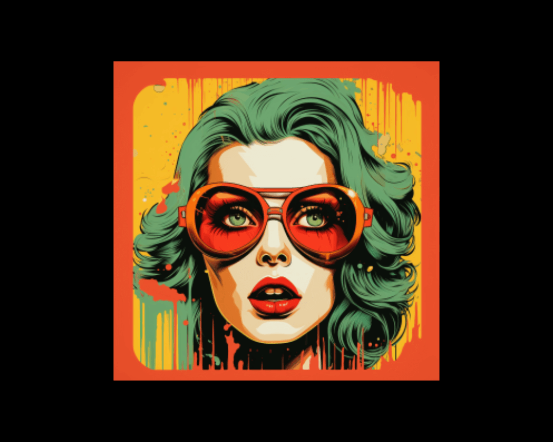 Pop-art image of woman with green hair in glasses, looking like she just experienced an internal revelation.