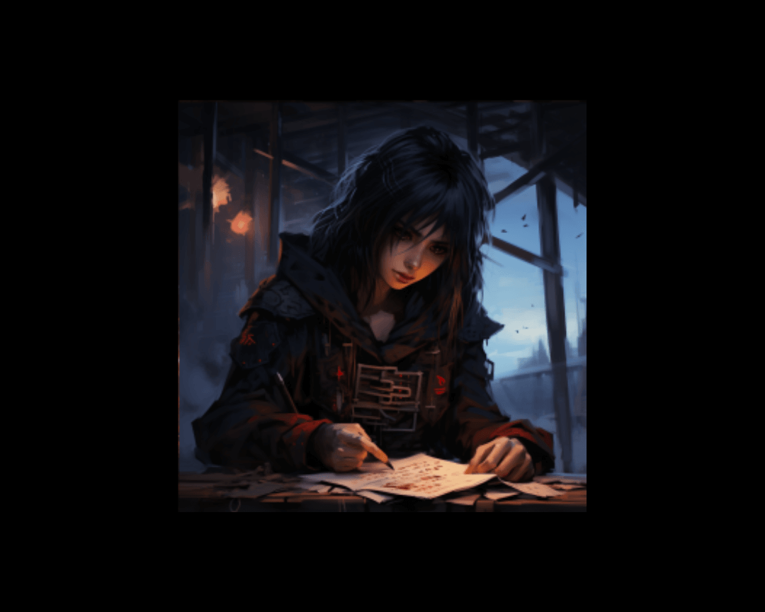 In dark, edgy anime style: a woman sitting at a desk writing a story.