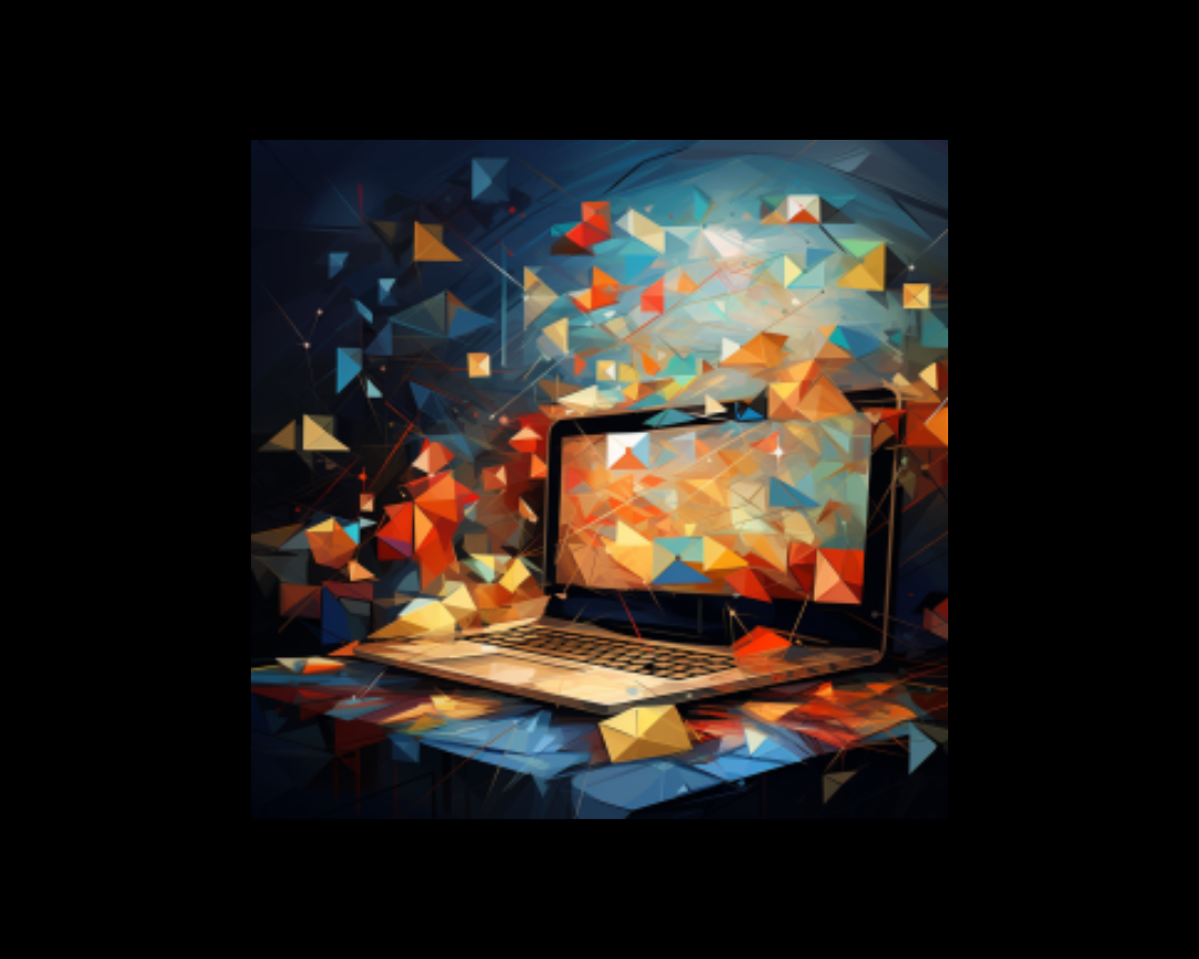 In cubism style, bulk emails float around a computer.