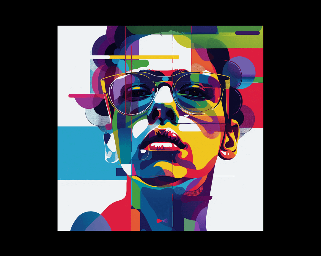 A person wearing glasses with blocks of different color in WPAP style.