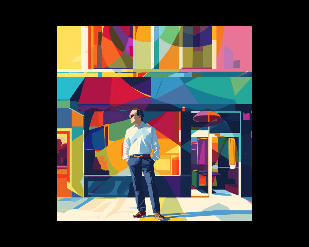 A salesman standing in front of a business in WPAP style.