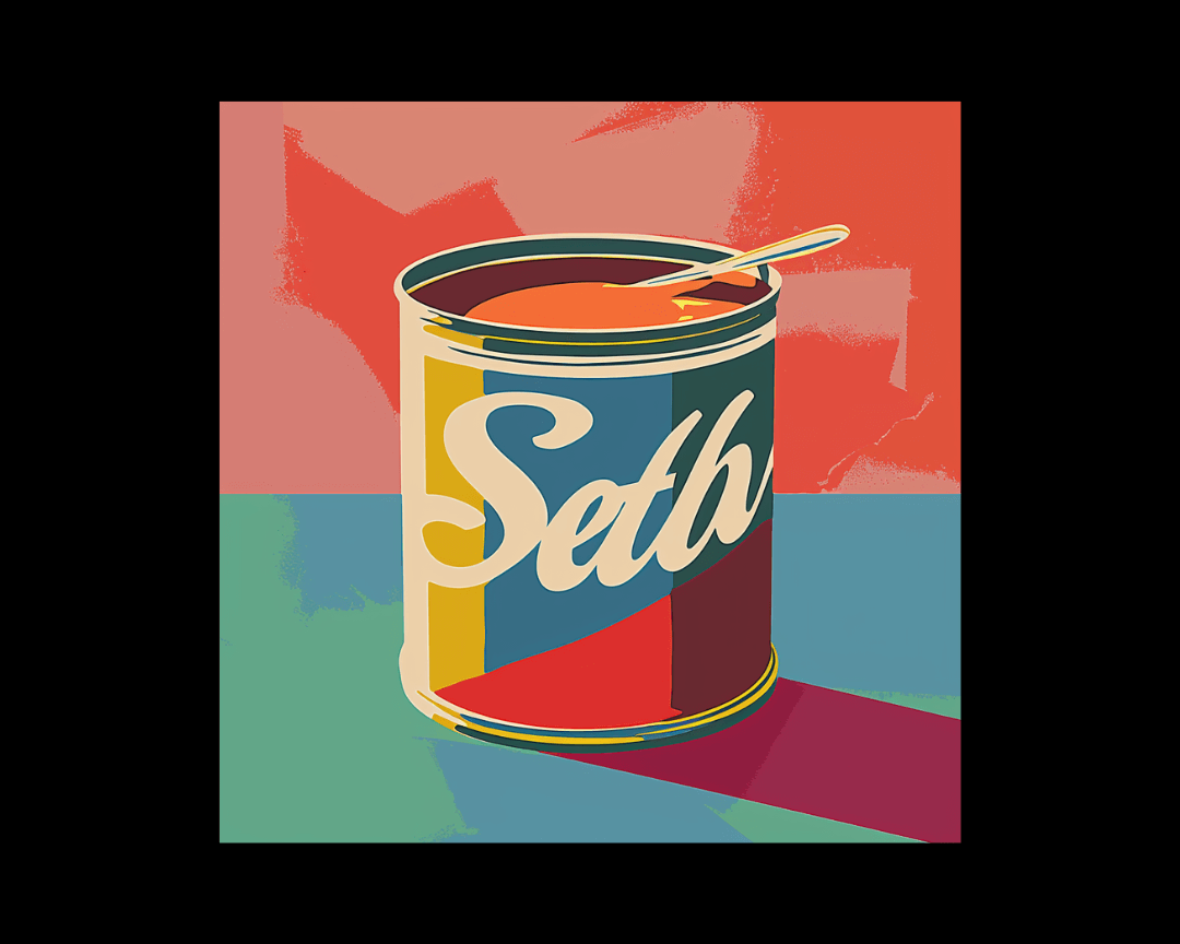 A label with an unintelligible word on a can of soup in WPAP style.