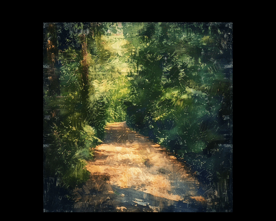 Oil painting of path through the woods.