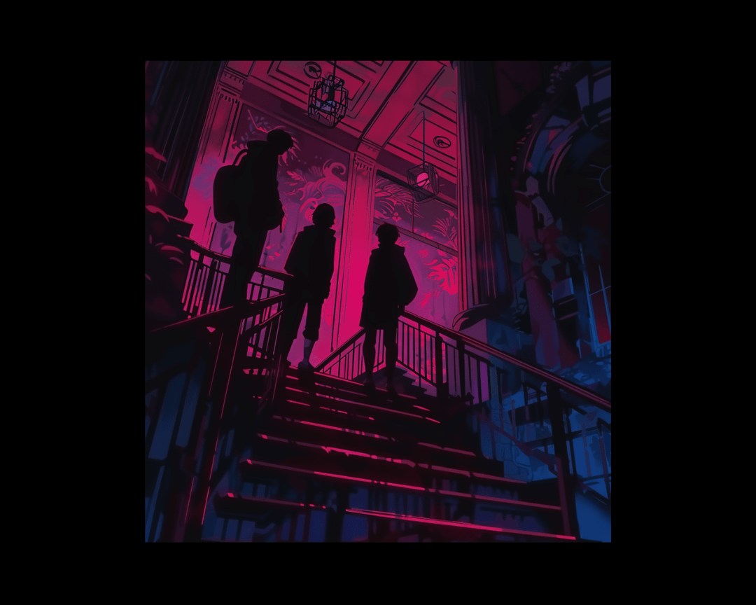 Silhouettes of people standing on stairs at night, in anime style.