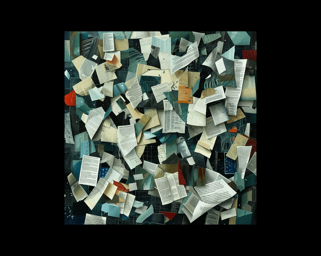 Groups of papers with information on them in cubism style.