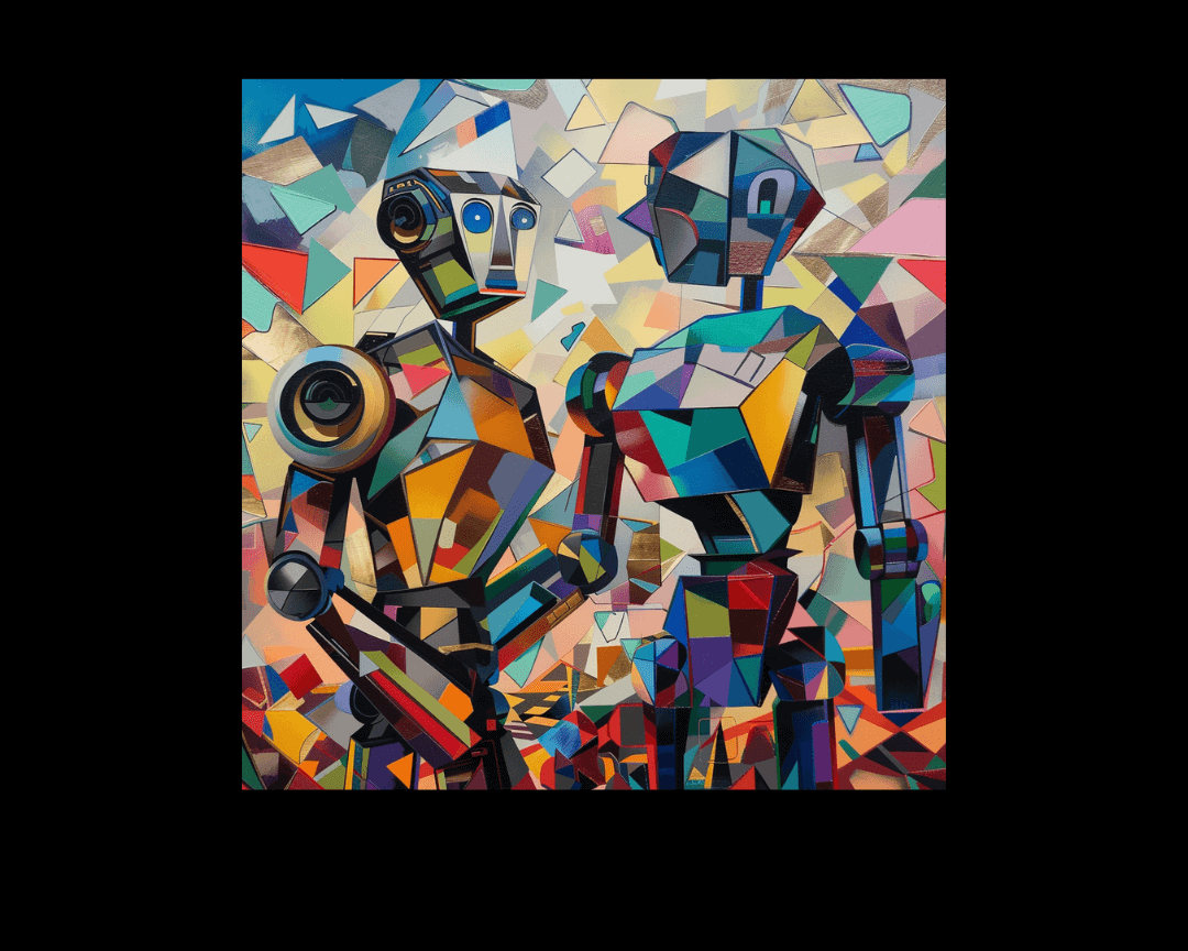 Two robots standing together in Cubism style.