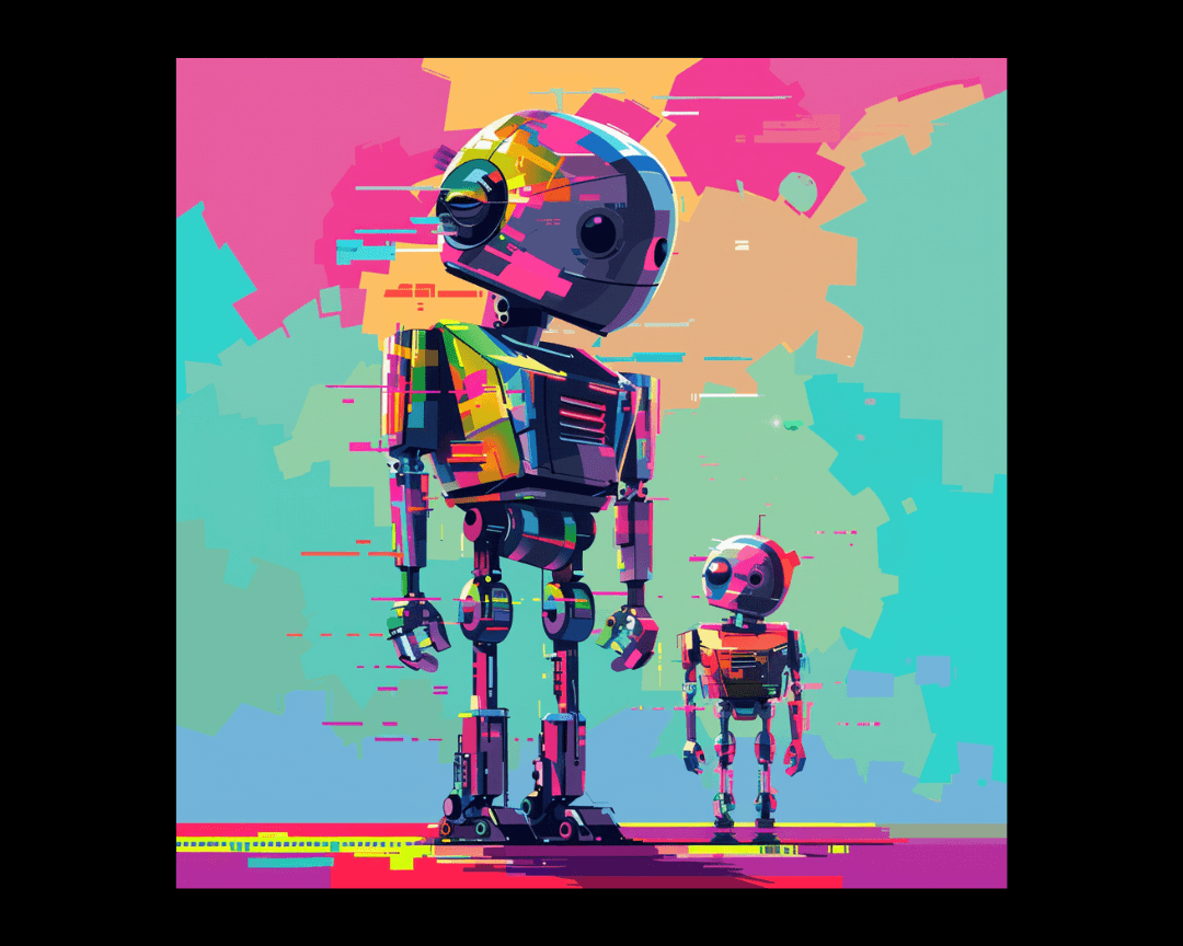 A colorful picture of a larger robot looking upon a smaller robot in WPAP style.
