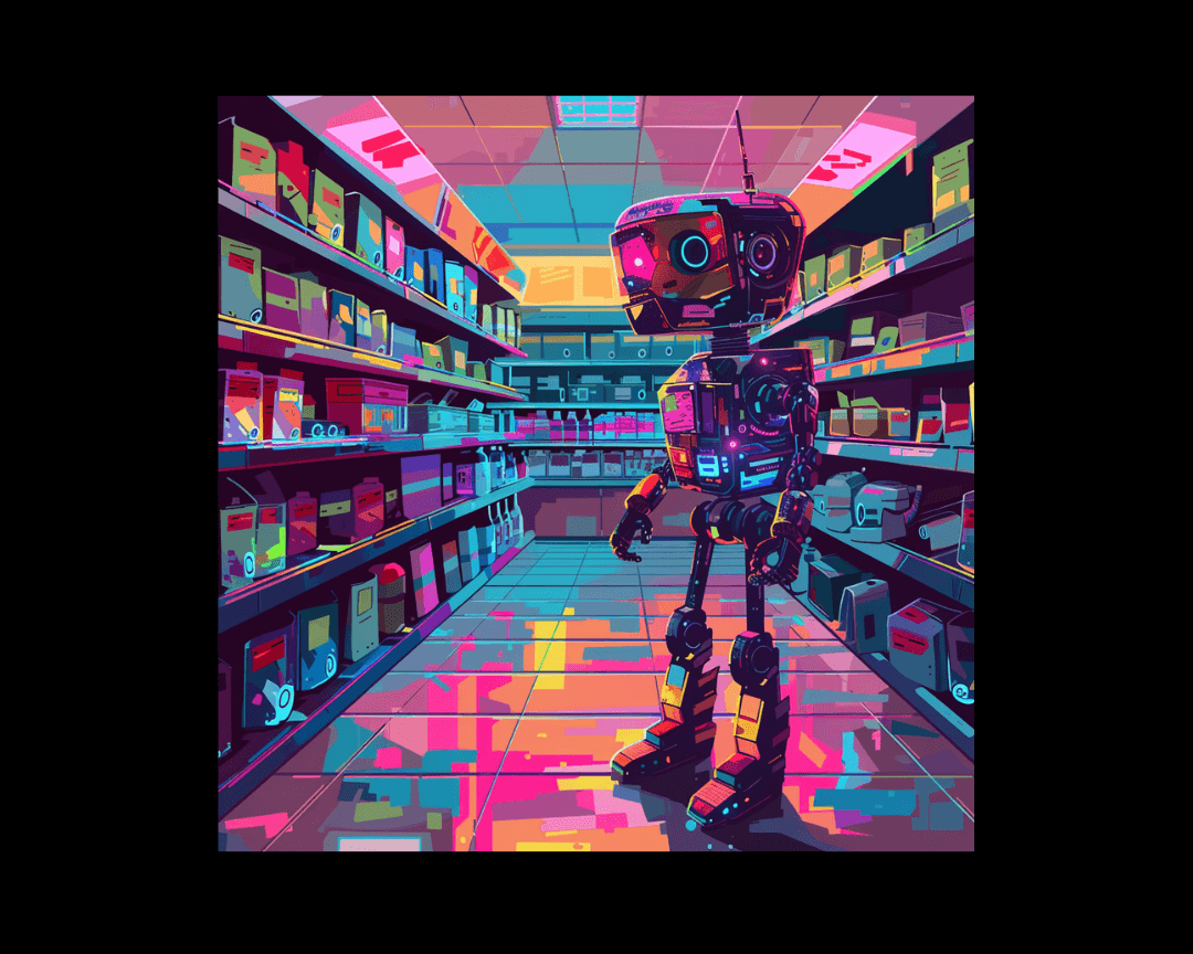 A robot shopping at a store in WPAP style.