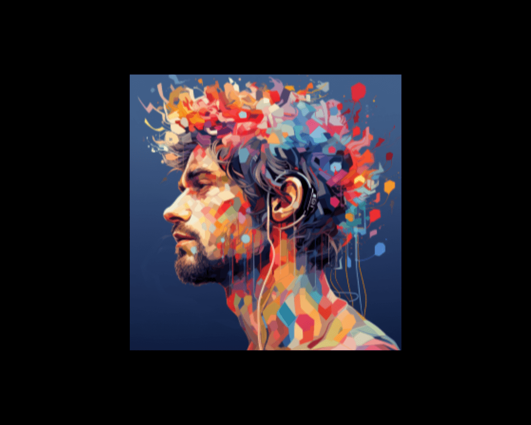 WPAP-style image of man with a piece of technology around his ear and his hair shifts into different colors (represents neuro-movement).