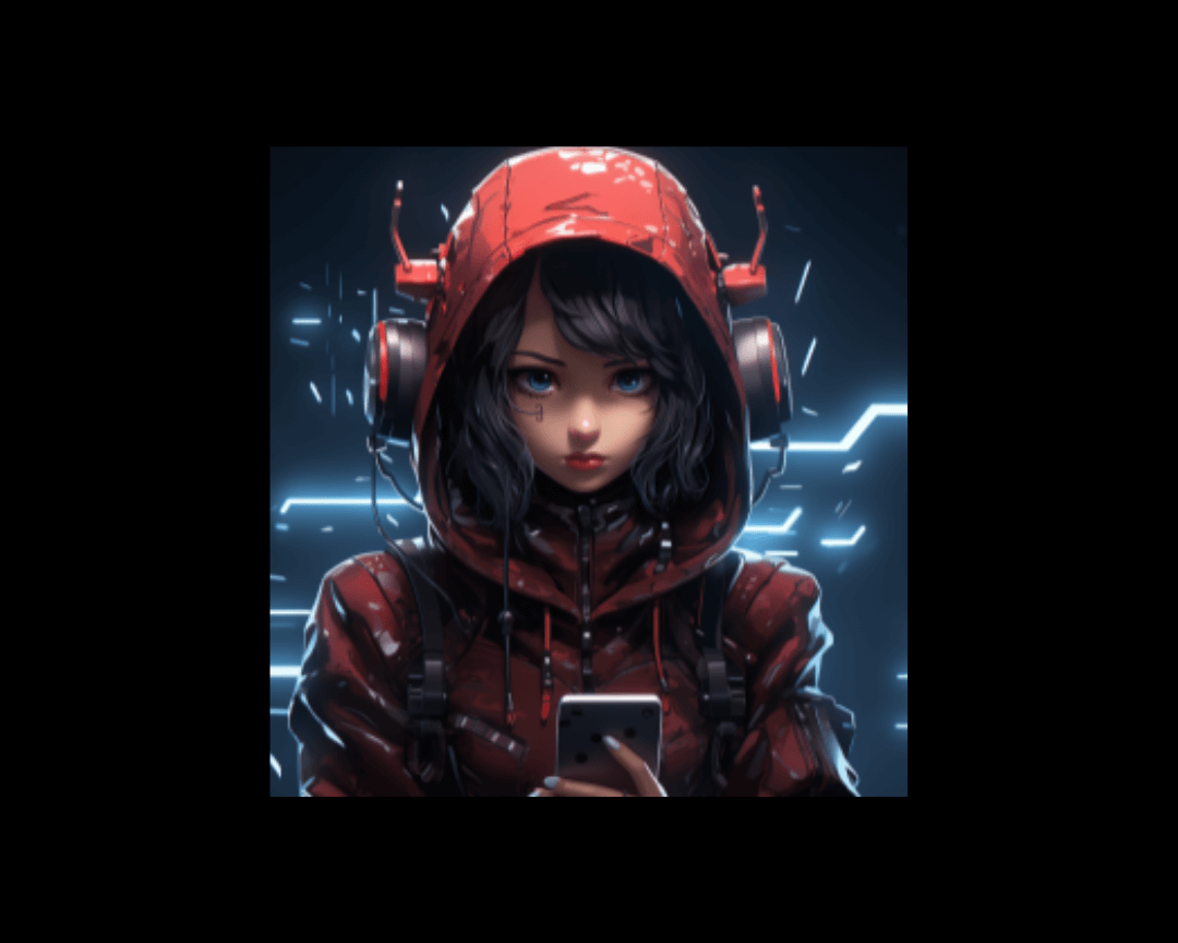Dark-edgy anime style-image of teenage girl with dark hair, a red hood on, looking at a phone.