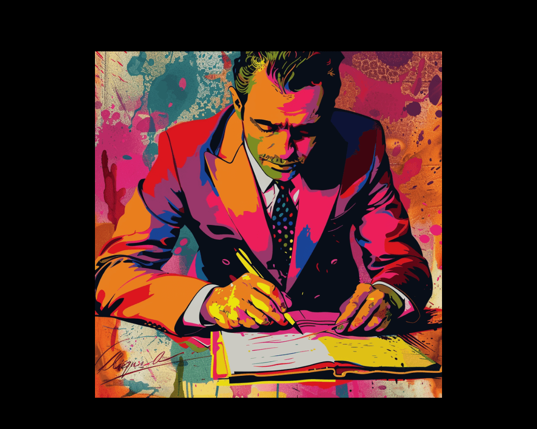 A novelist signing a contract in pop art style.