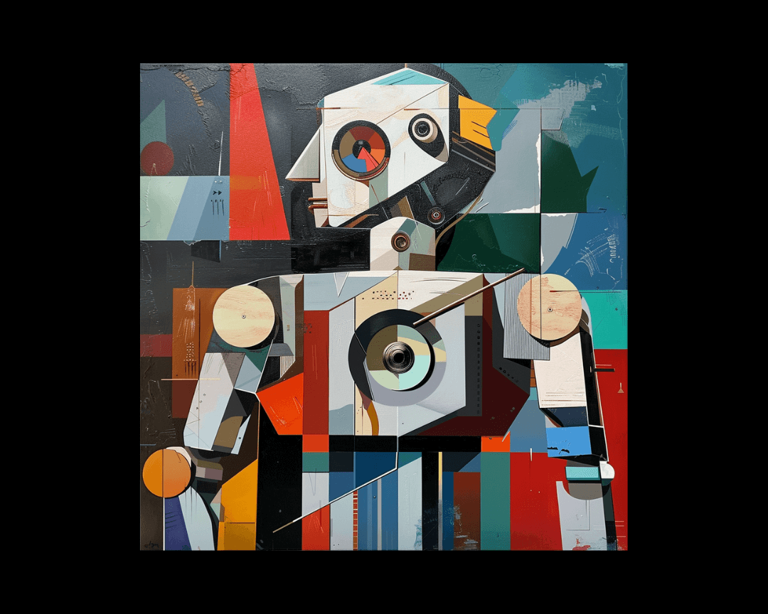 A robot made up of different parts in cubism style.