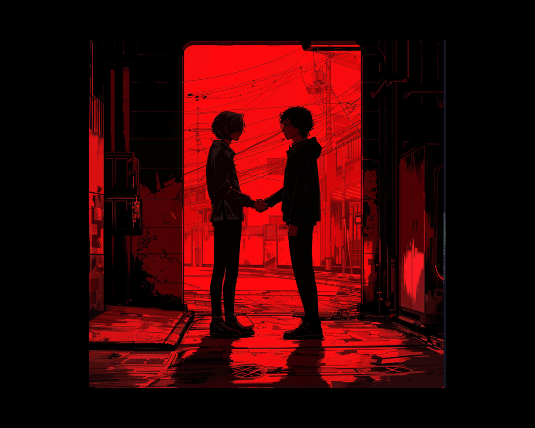 Silhouettes of two people shaking hands in front of a red-tinted background in anime style.