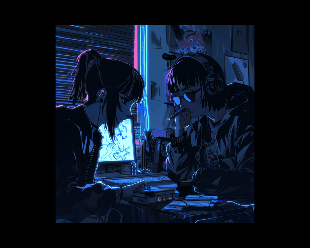 Two people sitting in a dark room, working on a project together in anime style.