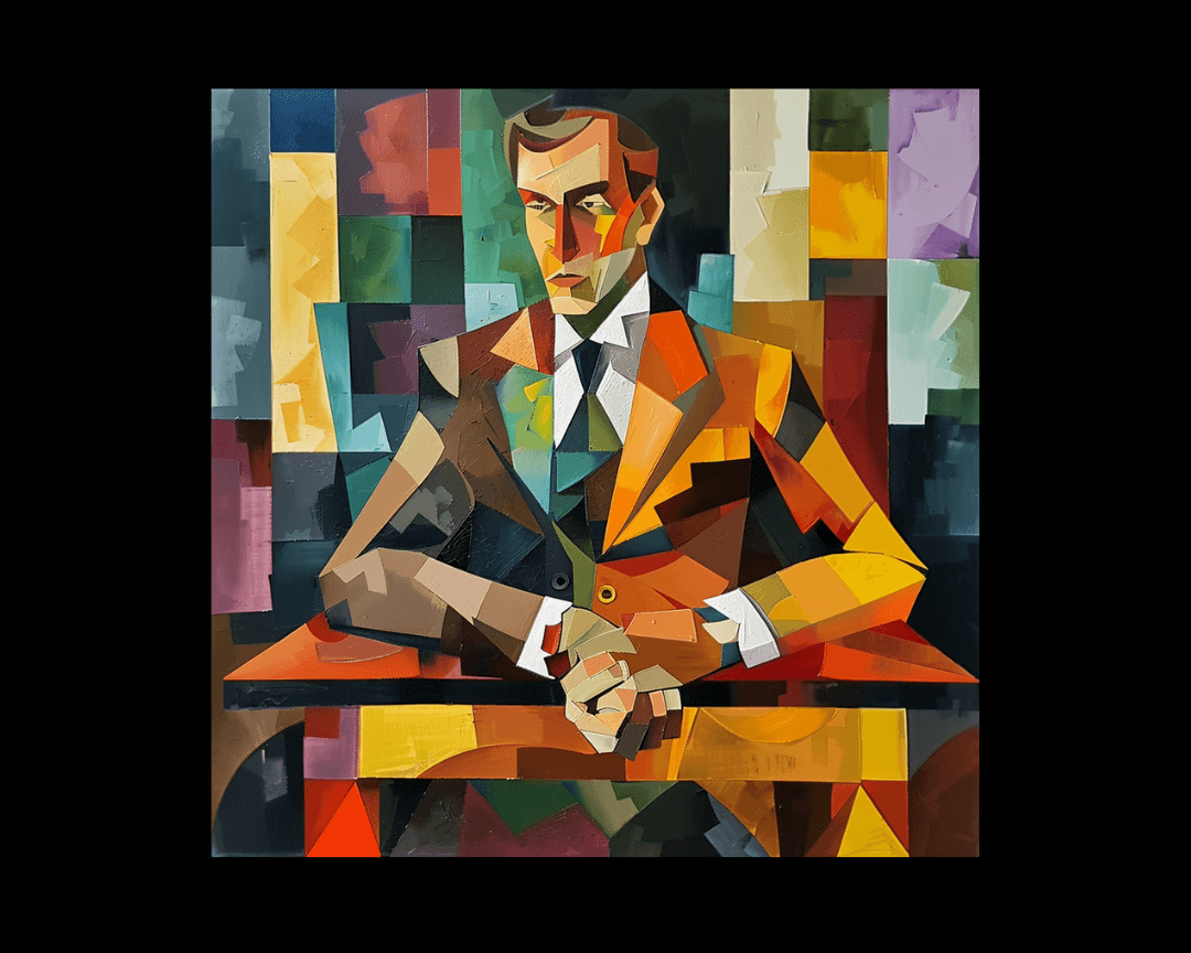 A colorful image of a businessman sitting at a desk in cubism style.