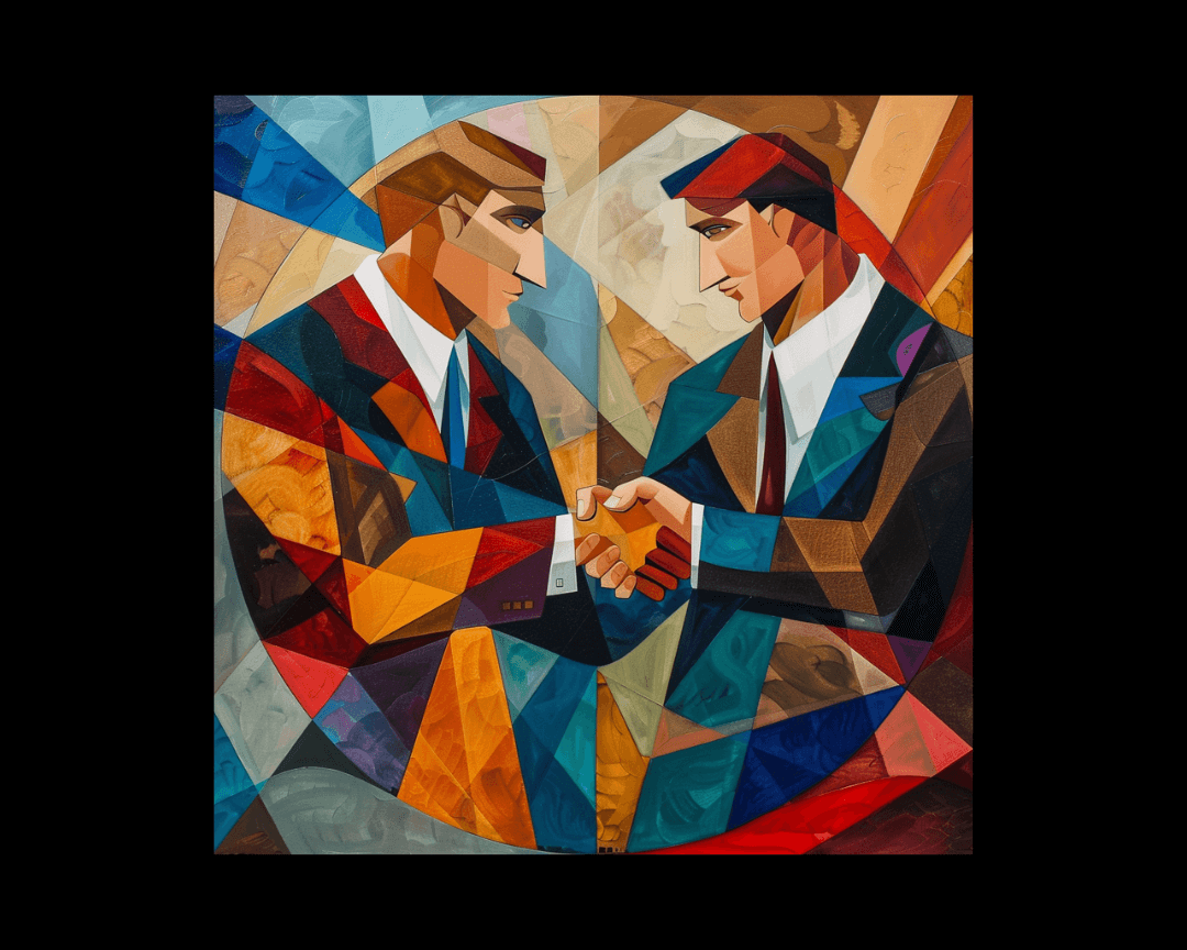 Two businessmen shaking hands in cubism style.