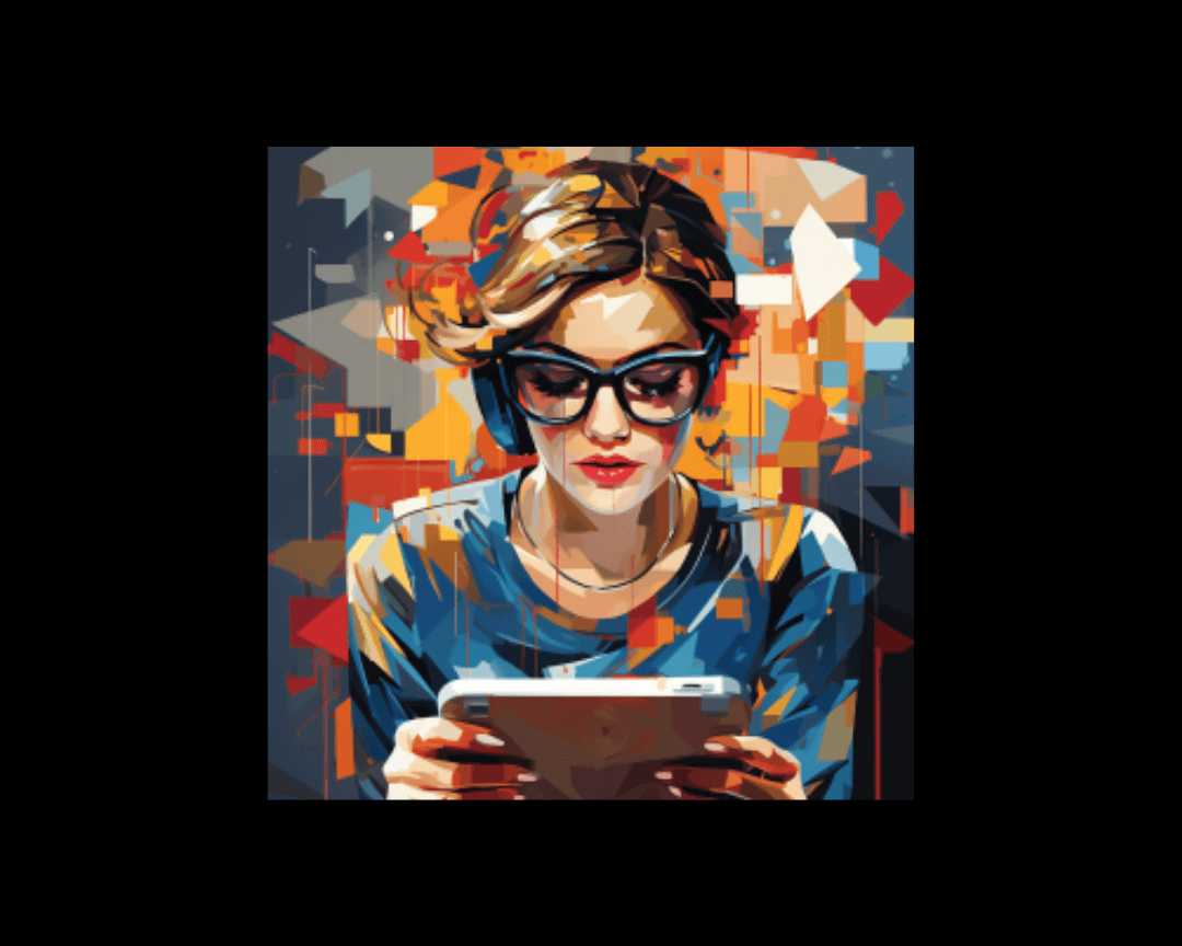 In WPAP style: A woman reading emails on a tablet.