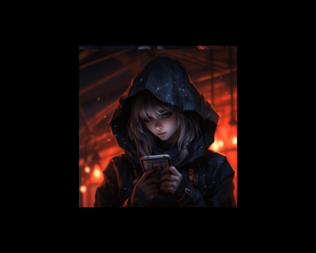Dark, edgy anime-style image of blonde girl with hood on looking at phone, backlit by warm-toned lights.