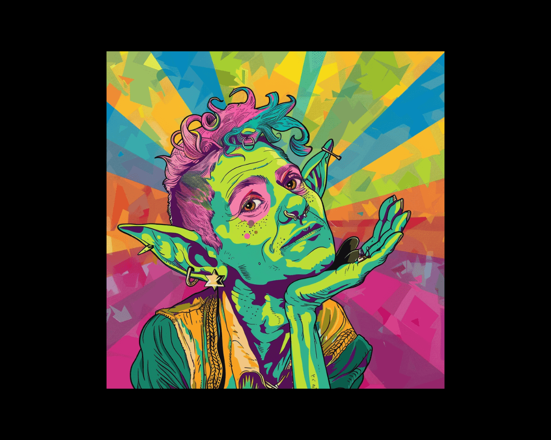 An elf comedian in pop art style.