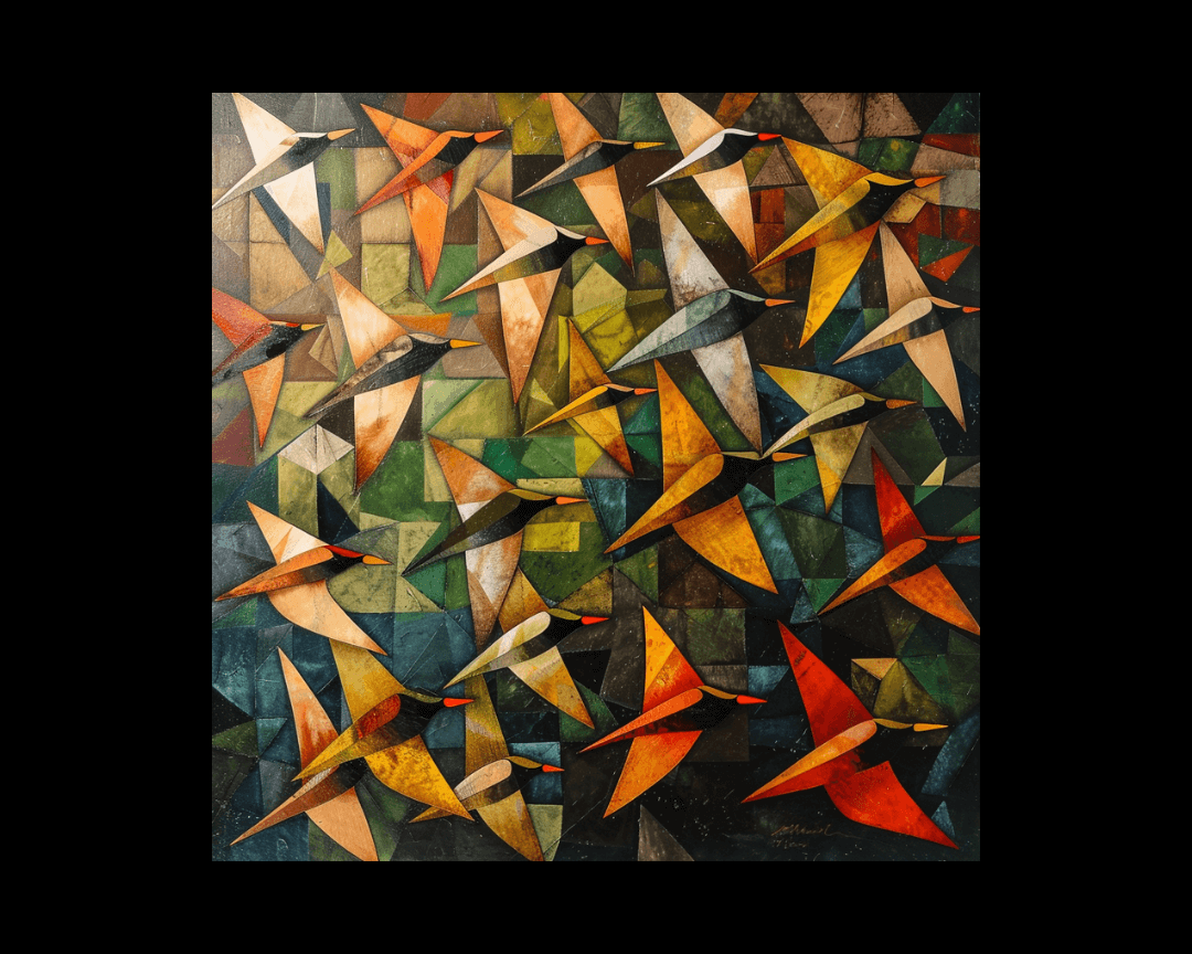 A group of birds mid-flight in cubism style.