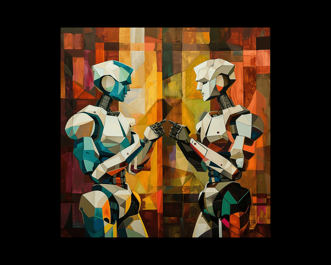 Two robots getting ready to play rock-paper-scissors in cubism style.