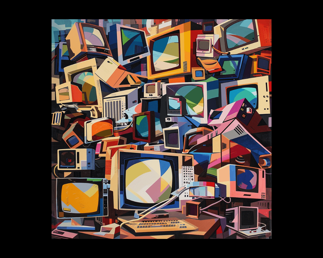 A lot of desktop computers piled onto one another in cubism style.