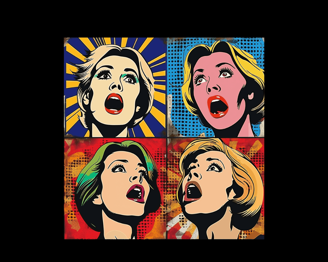 Four-panel pop-art style of four women, one in each panel, with various expressions of surprise on their faces.