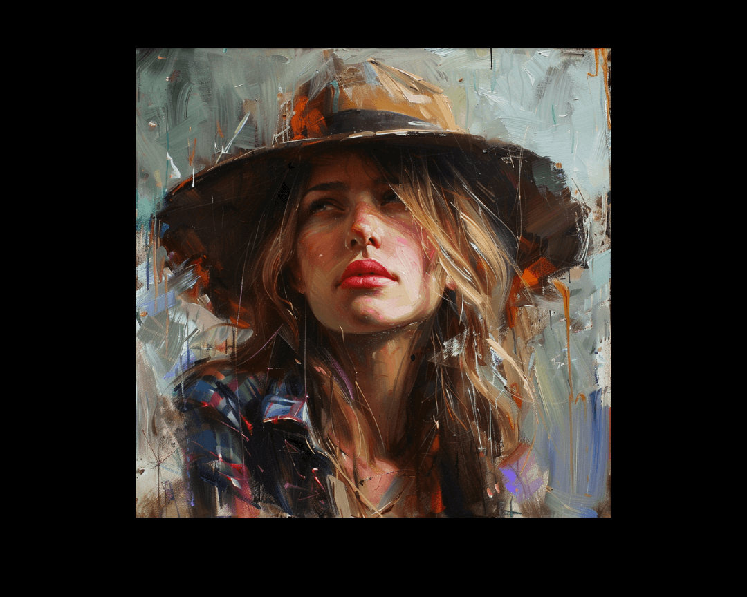 Impressionist oil painting of woman in wide-brimmed hat.