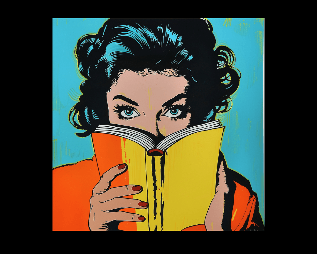 A woman peering over the top of a book in pop art style.