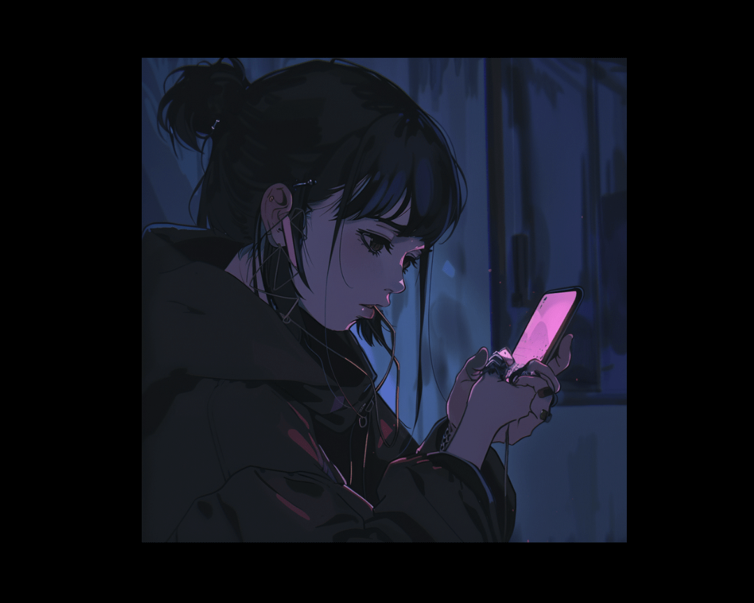 An image drawn in a dark edgy anime style of a girl in a dark room on her cellphone with the screen illuminated.