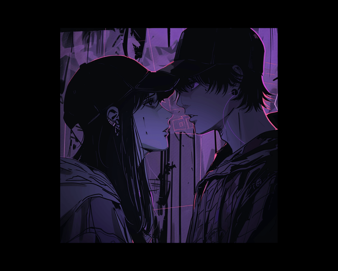 A man and a woman talking, imagine in dark edgy anime style.