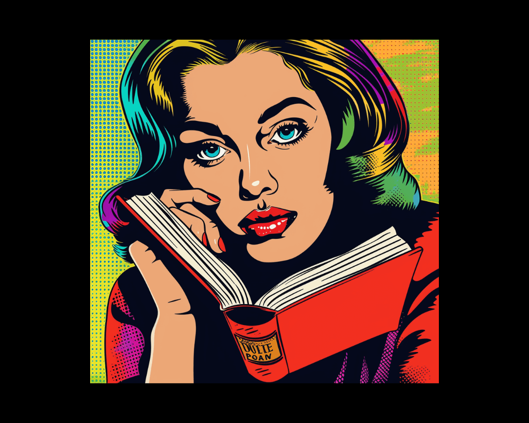 A woman reading a poetry book in pop-art style.