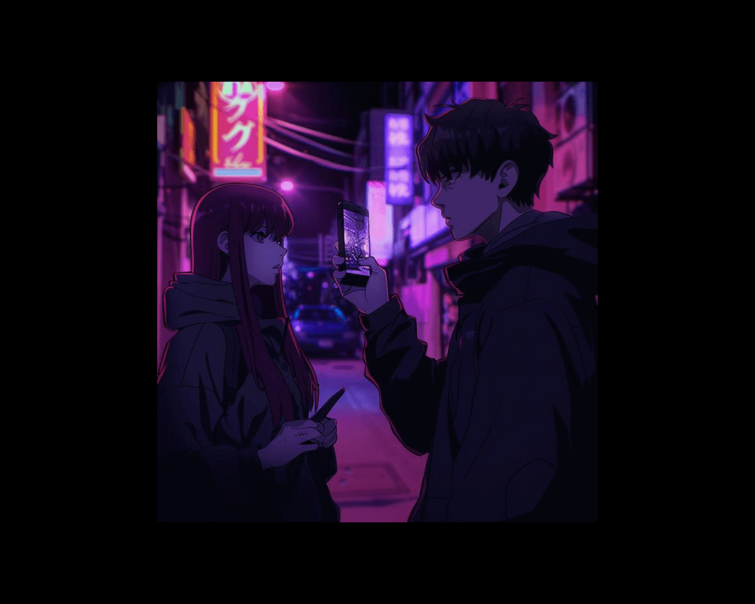 A teenage boy taking a picture of a teenage girl on a city street in dark edgy anime style.