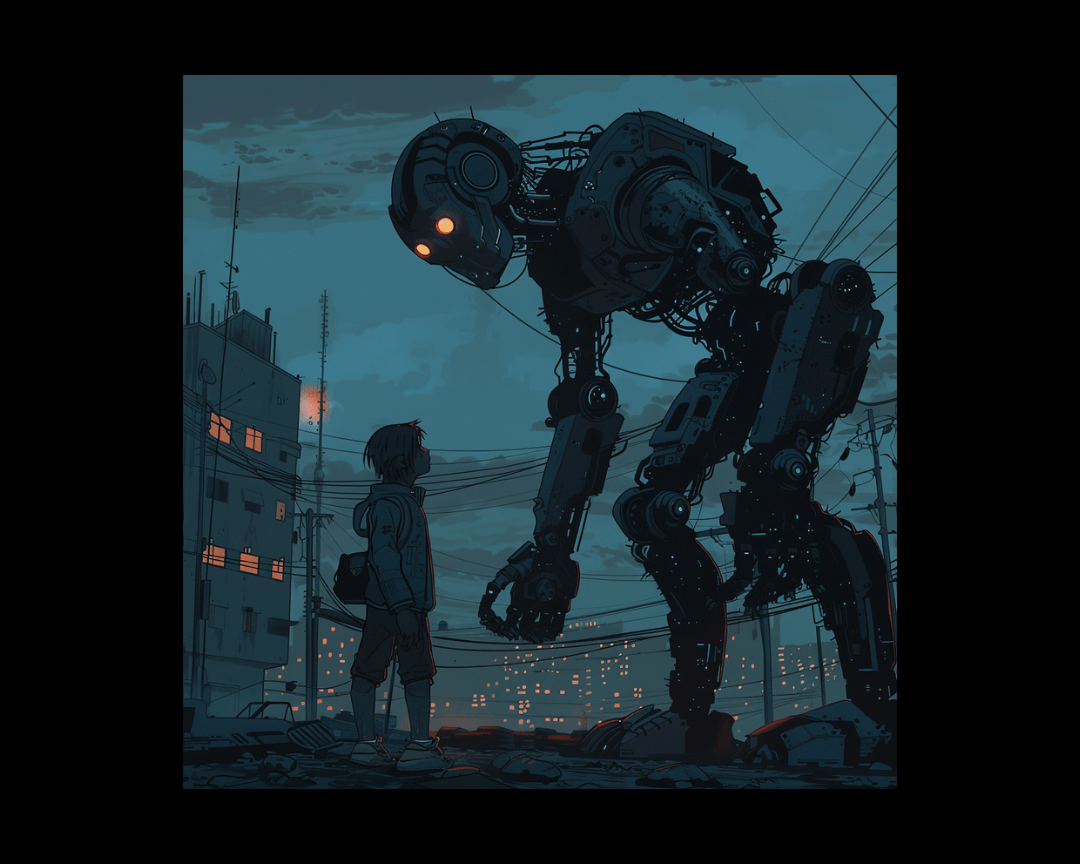 A robot helping a human in dark edgy anime style.