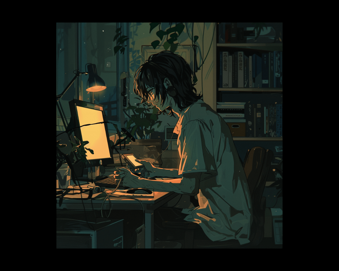 A person sitting at their desk on their phone in dark edgy anime style