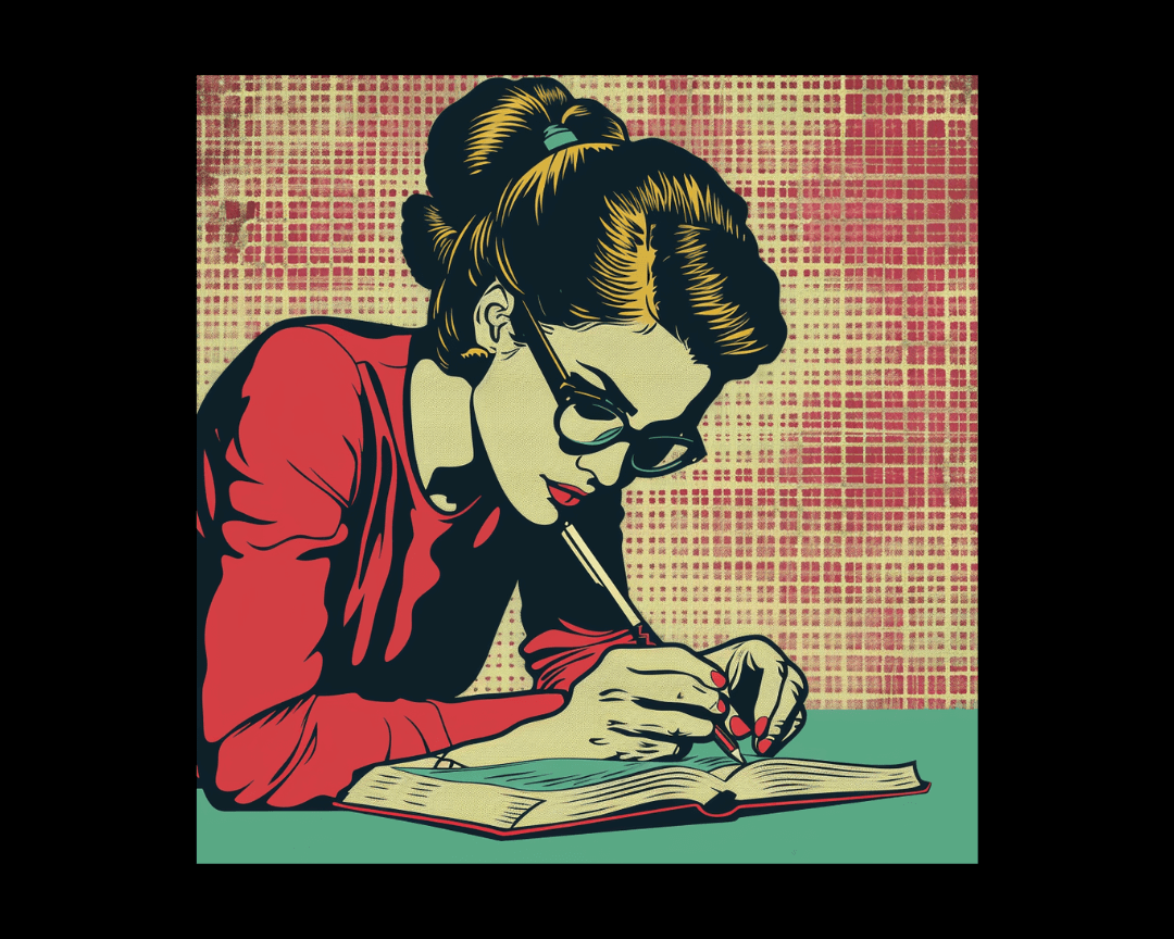 A woman editing a book with a pen in pop art style.