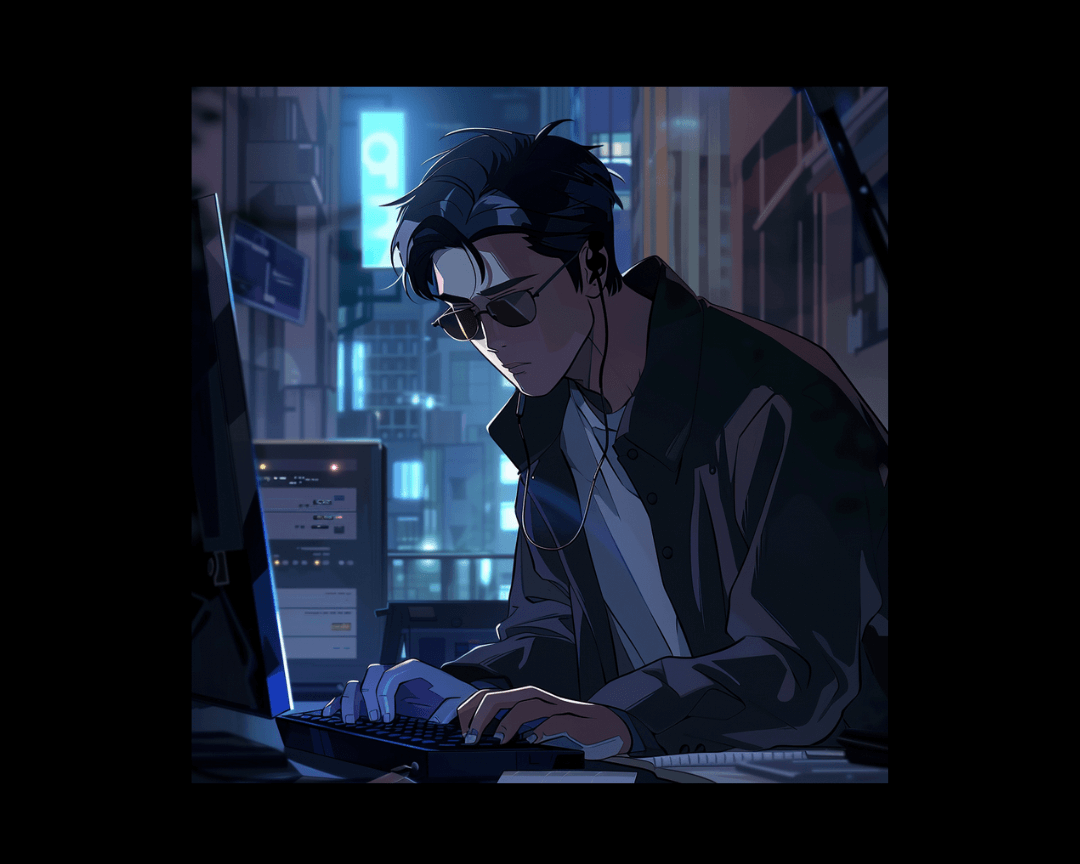 A man in sunglasses sitting at a desk, typing on a computer with a city as the background in anime style.