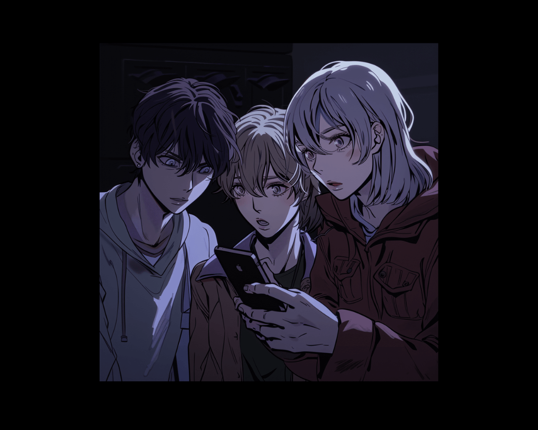 Three people looking at a phone in dark, edgy anime style.