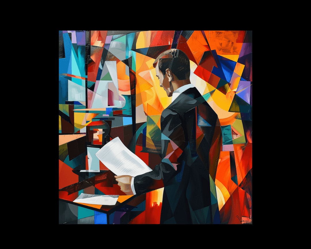An auditor looking at a business in cubism style.