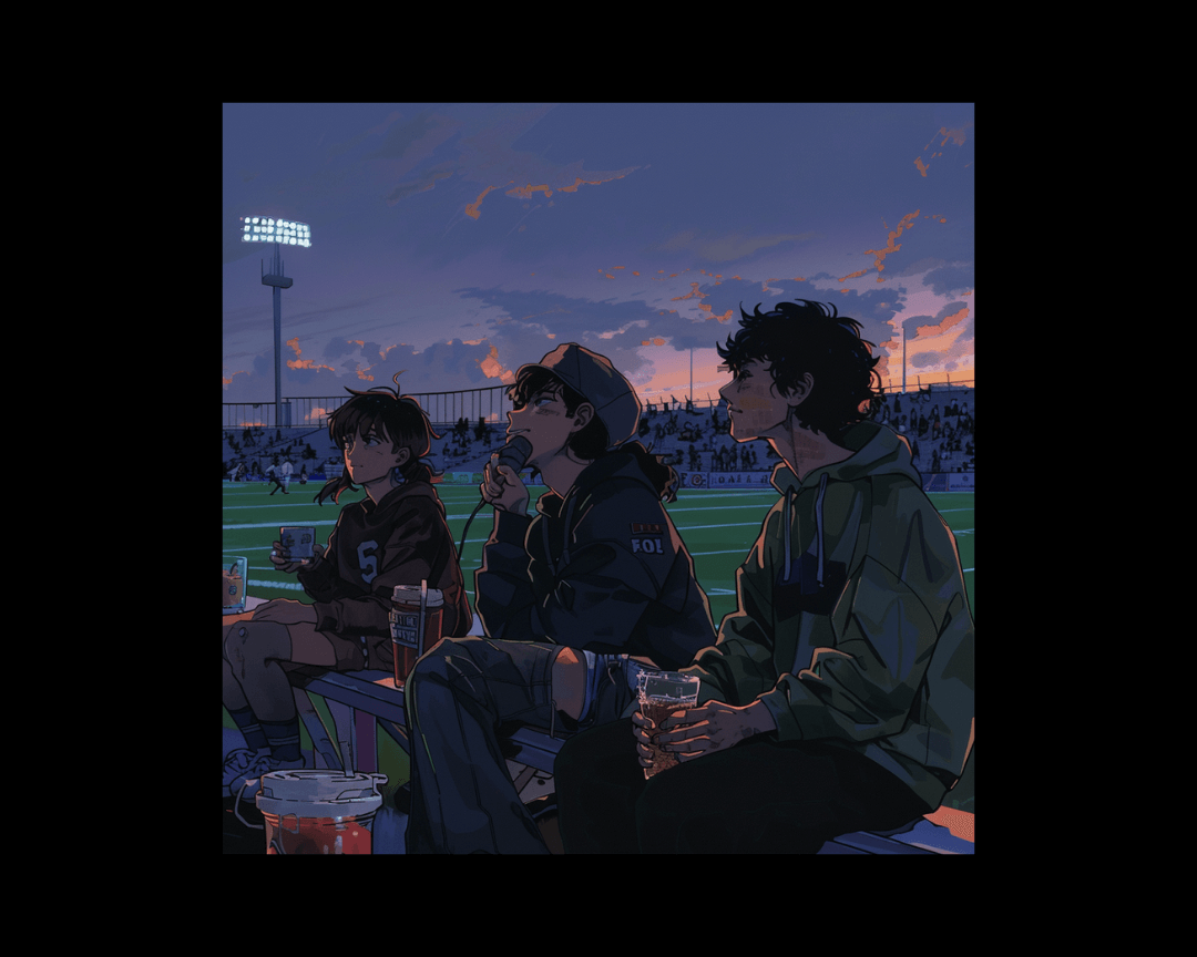 Friends sitting together at a high school football game in dark edgy anime style.
