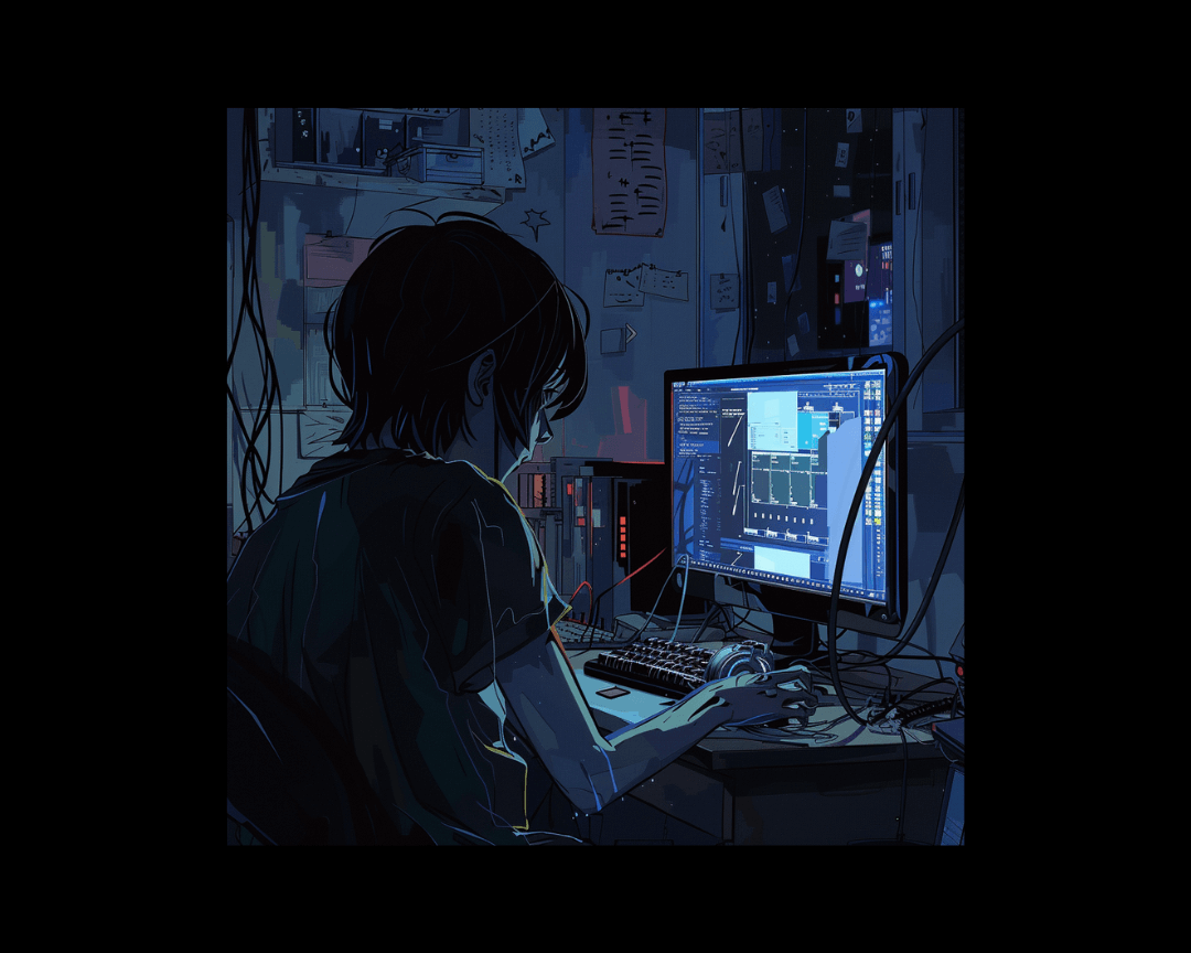 A person editing at a desktop computer in a dim room in dark, edgy anime style.