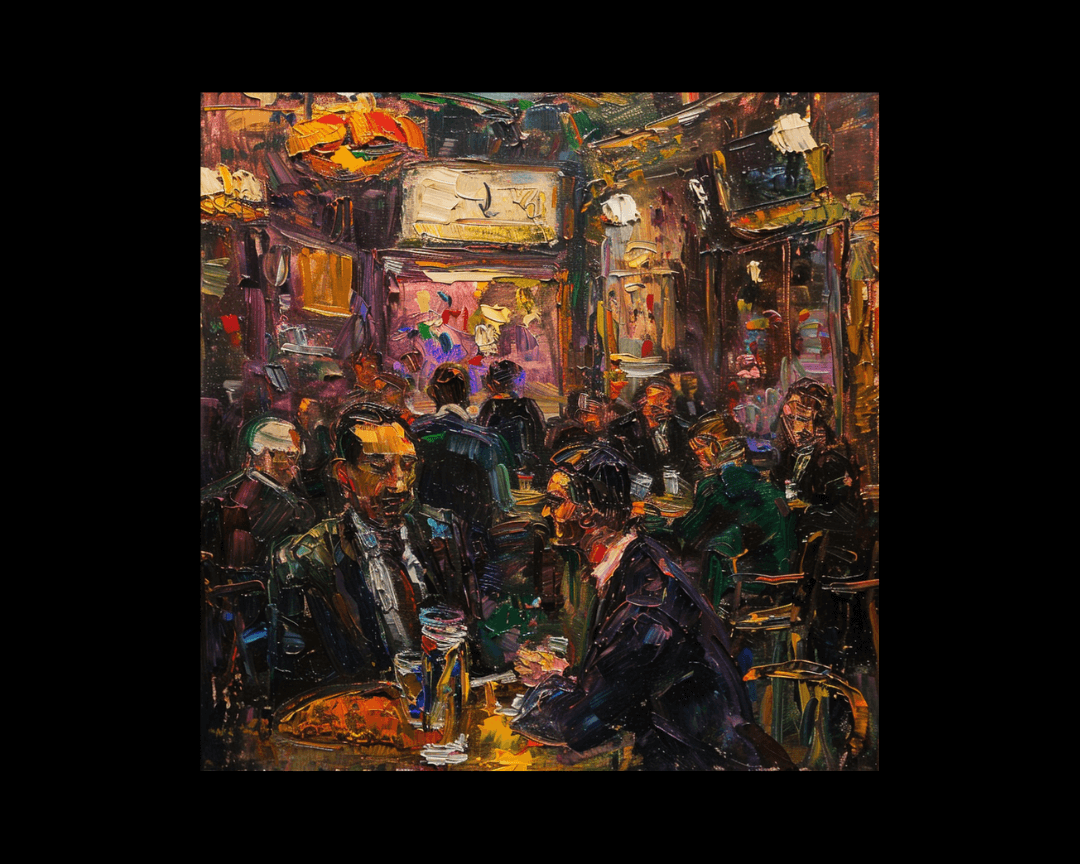 Two men wearing suits, sitting at a table in a crowded pub, in an impressionist oil painting style.