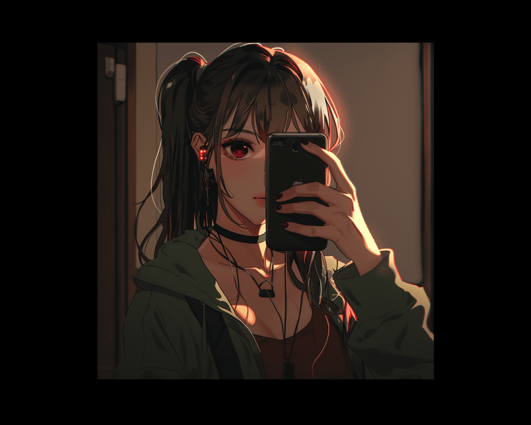 An adult taking a selfie for TikTok in dark edgy anime style.
