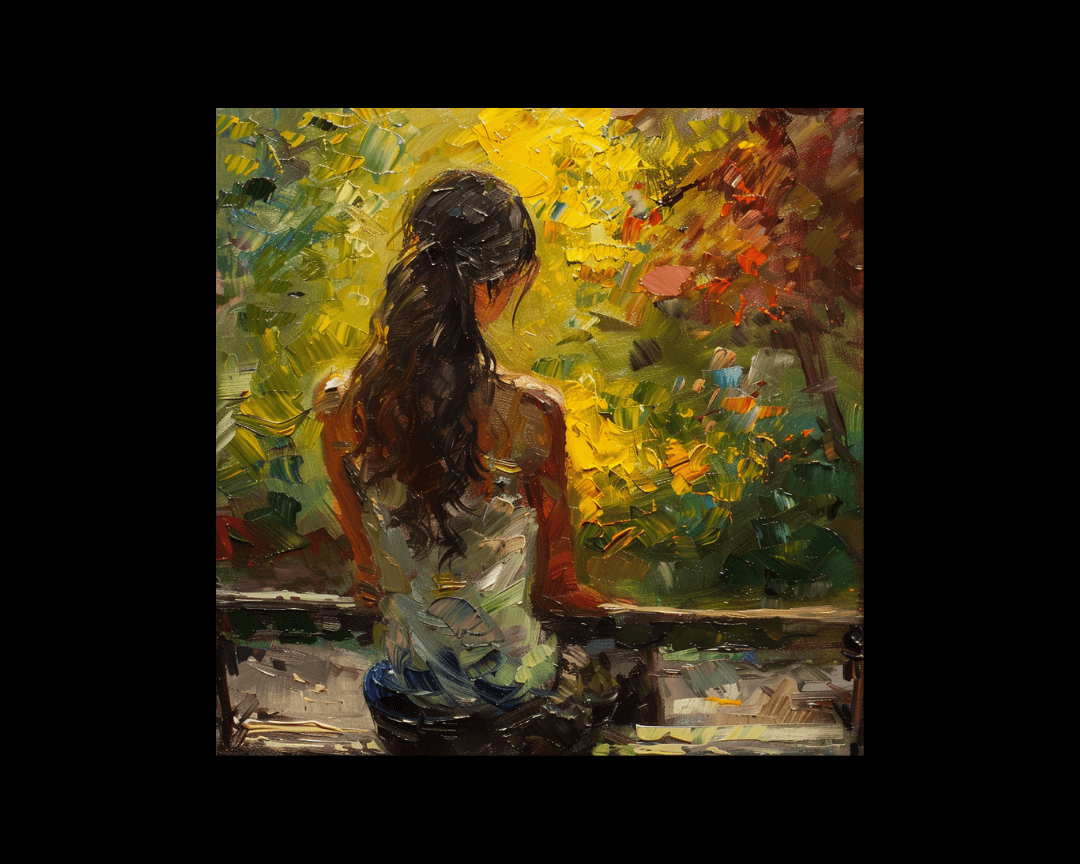 A woman sitting on a bench with her back to the audience in an impressionist oil painting style.