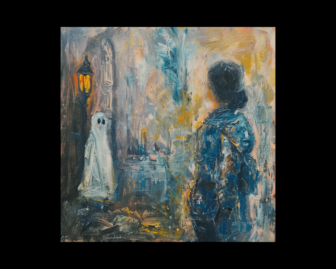 A character looking at a ghost in an impressionist oil painting style.