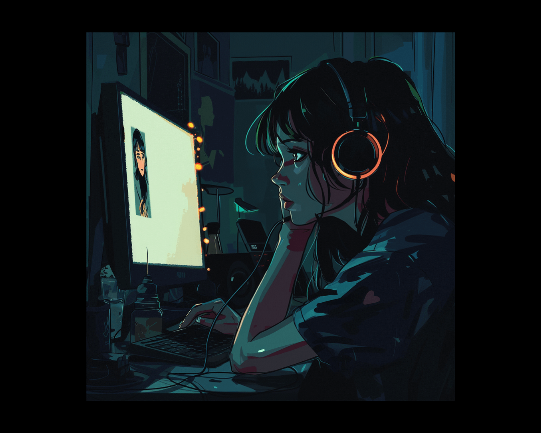 A teenager watching a vertical video on social media in dark edgy anime style.